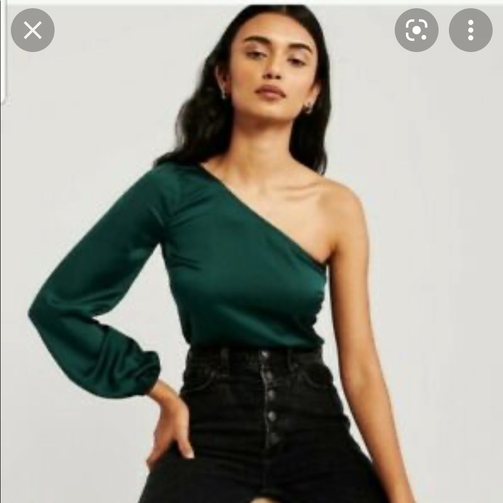 Green satin one-shoulder blouse